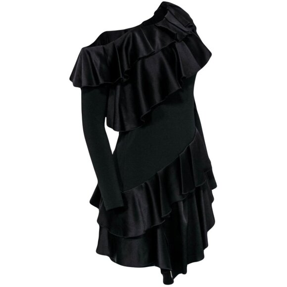 NWT Alice + Olivia Izzy One-Shoulder Black Asymmetrical Ruffle Dress Size 2 - Picture 5 of 12